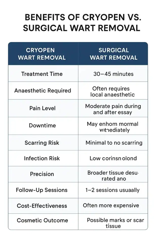 Table showing the benefits of cryopen to remove warts Skegness compared to surgical treatment